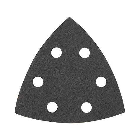 Black 240-grit triangle sanding sheet with seven dust extraction holes for home improvement and tool use projects