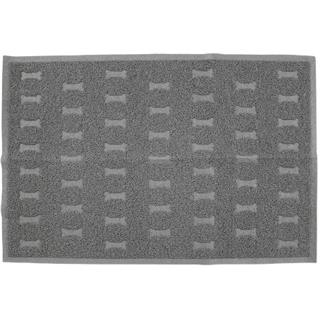 Gray plastic pet feeding mat with raised bone pattern, designed for floor protection in pet and farm collections under $50