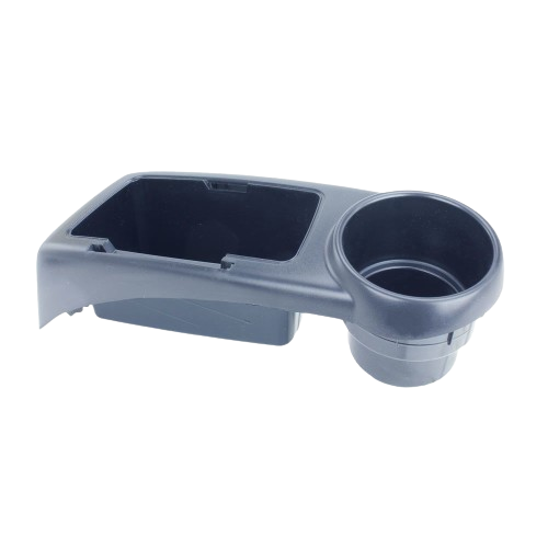 Black plastic holder with rectangular compartment and circular cup space for tools and home improvement use
