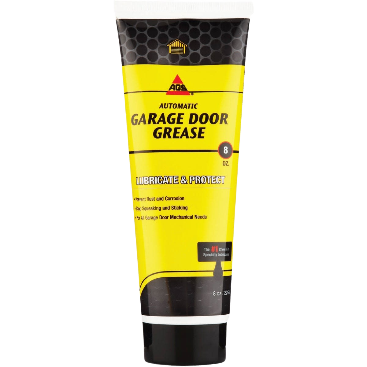 Yellow and black tube of garage door grease for lubrication and protection in tools and home improvement tasks