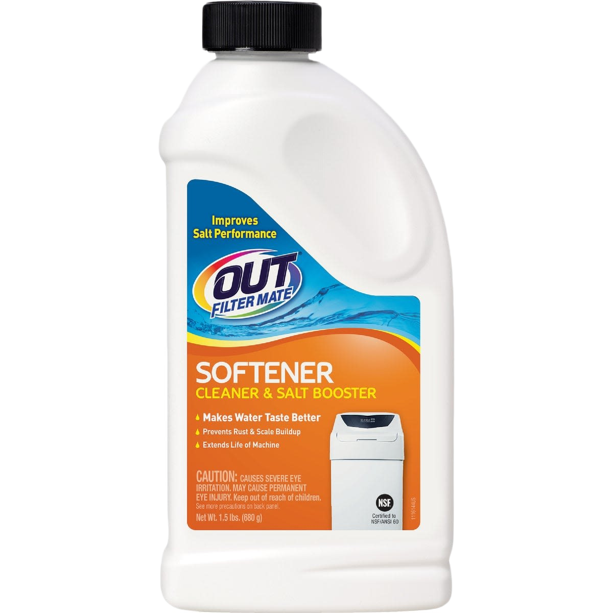 White plastic bottle of softener cleaner with blue and orange label for plumbing and home improvement under $50 collections