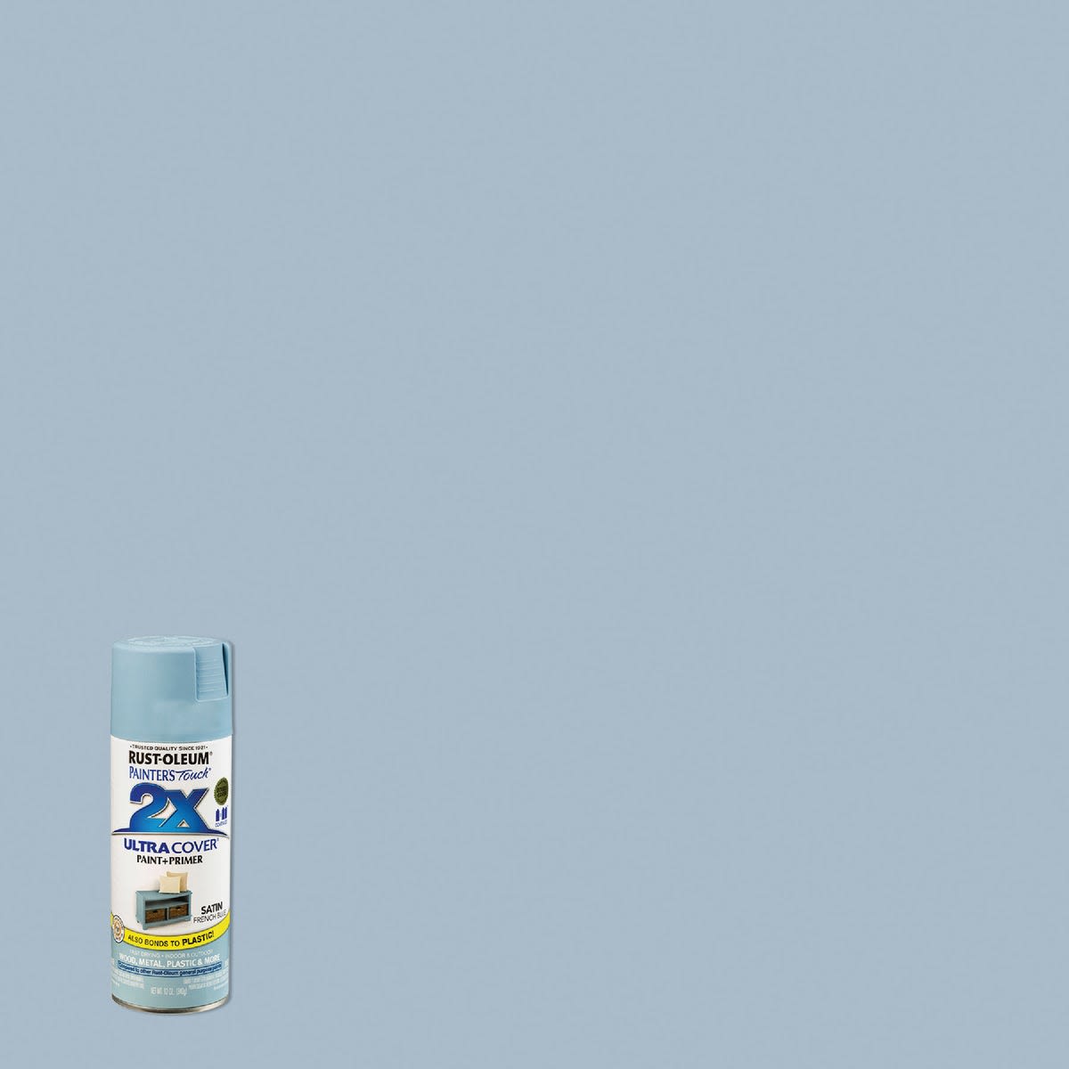 Rust-Oleum French Blue Satin spray paint can with matching painted background for home improvement projects under $50