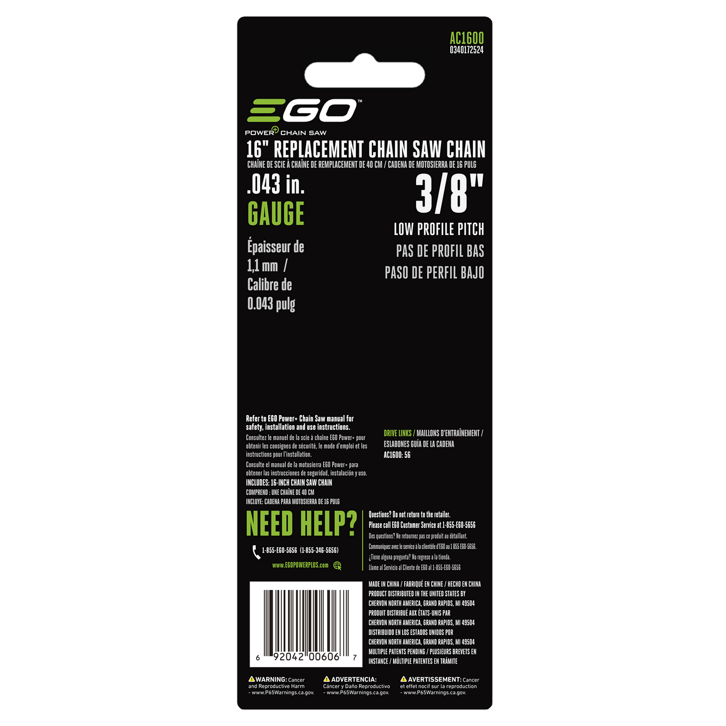 Black and green packaging of an EGO 16-inch chainsaw chain in the outdoor power tools collection
