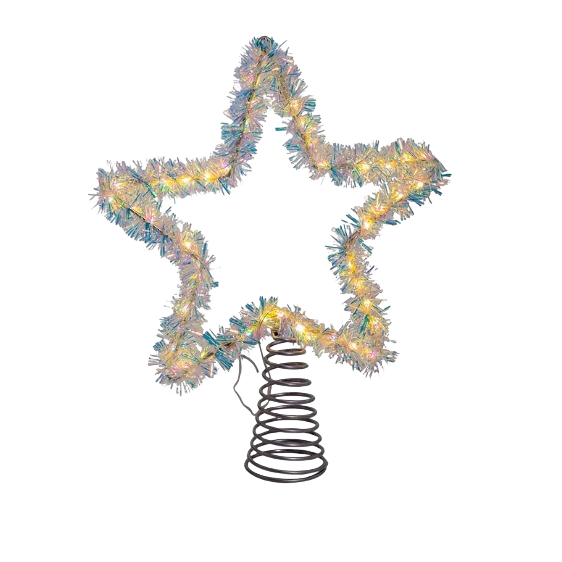 Silver tinsel star treetop with warm white lights and metal coil base for holiday tree decoration
