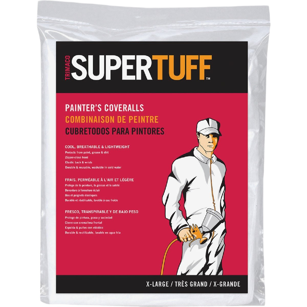 Package of white reusable painter’s coveralls in XL size shown with product branding and usage illustration