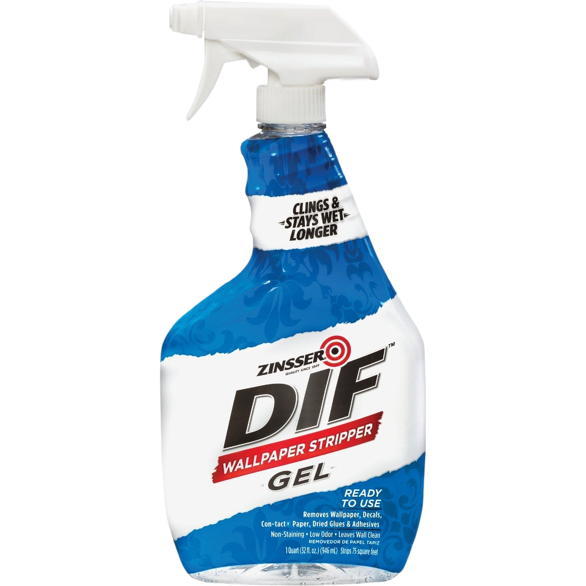 Blue and white spray bottle of gel wallpaper stripper with trigger nozzle for home improvement use