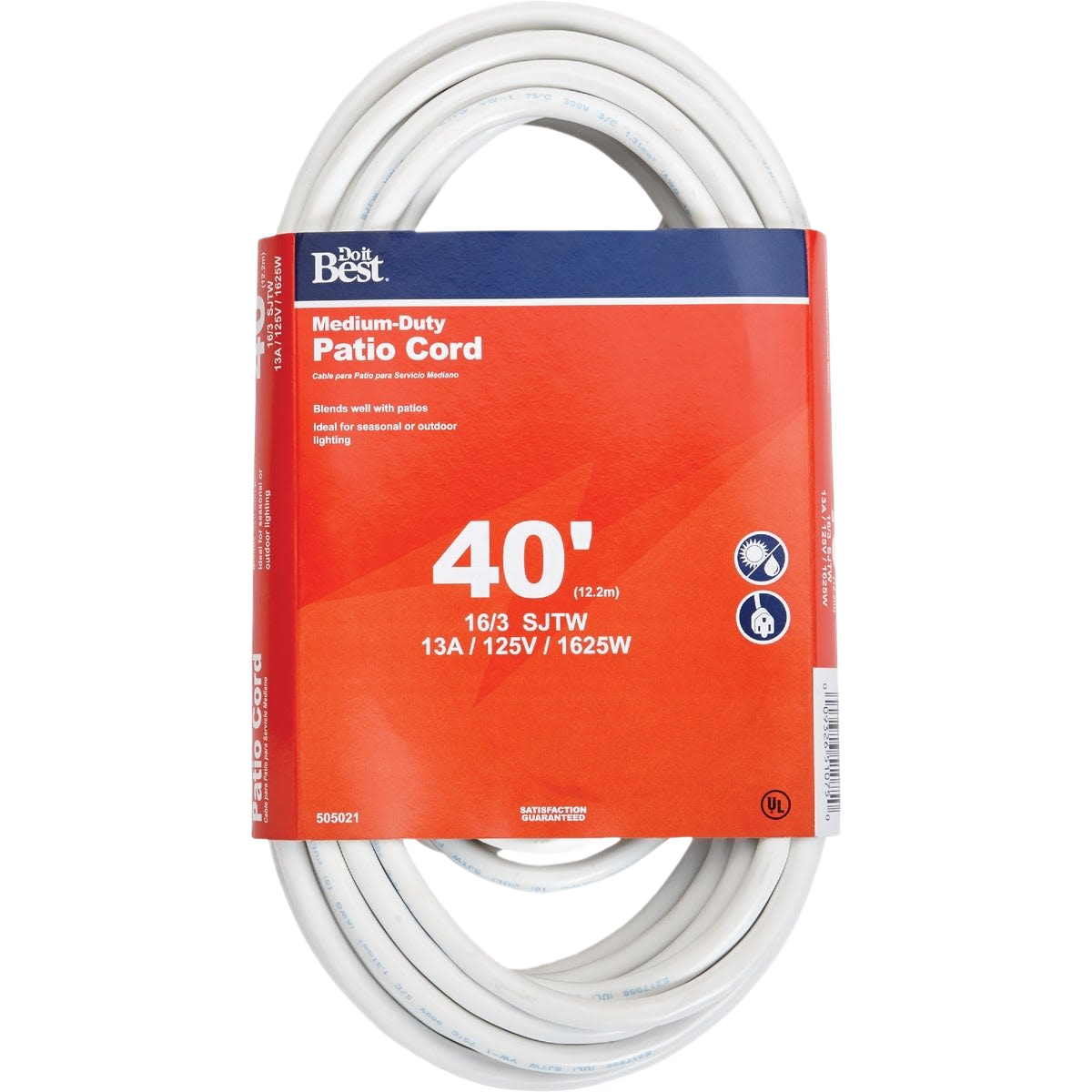 Coiled white medium-duty patio extension cord with 40-foot length and durable insulation for outdoor use.