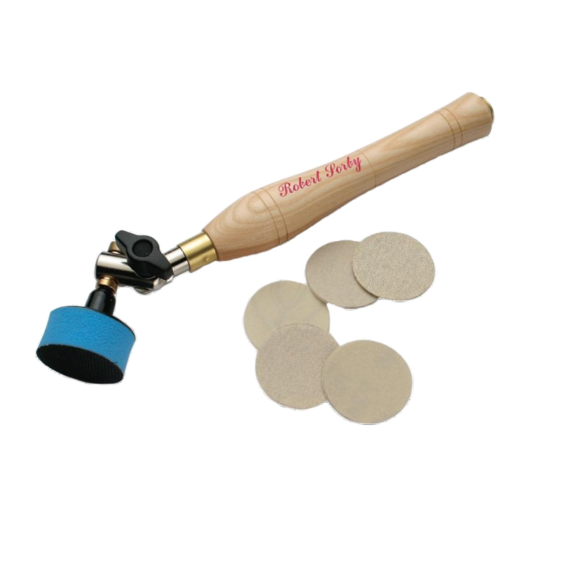 Woodturning sanding tool with wooden handle and multiple round sandpaper discs in woodworking tools collection under $100