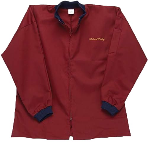 Maroon woodturner's smock with navy cuffs and collar, embroidered with brand name for tools and home improvement use