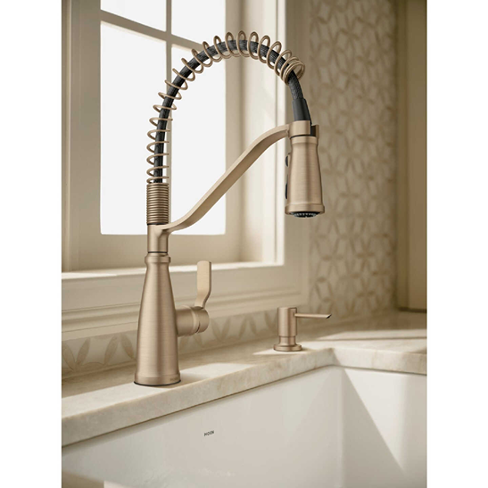 Bronze gold high arc kitchen faucet with single handle and pulldown sprayer in kitchen sink faucets collection