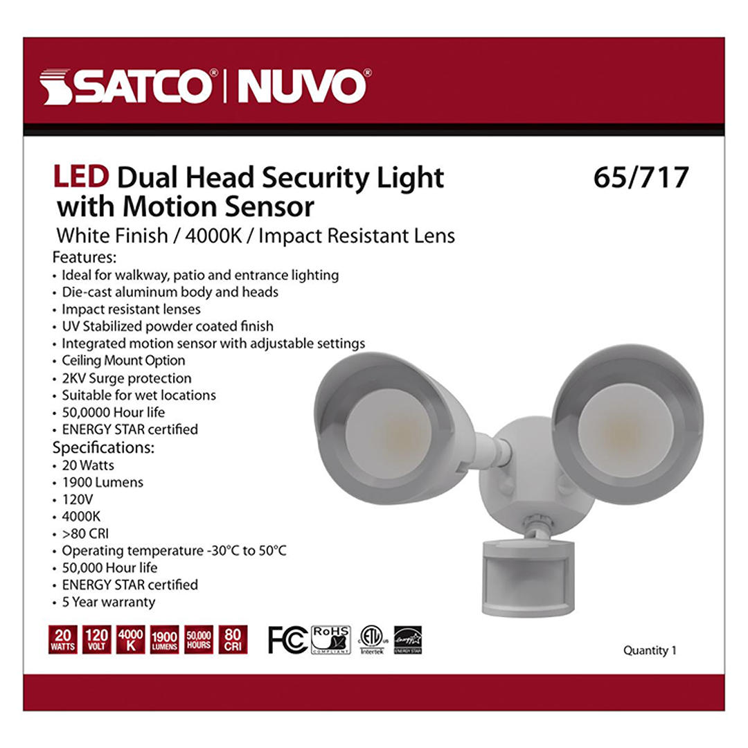 White dual-head LED security light with motion sensor, die-cast aluminum, and impact-resistant lenses for outdoor use