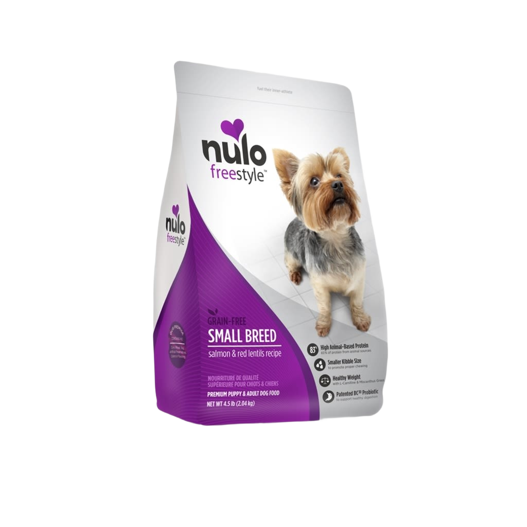 Bag of Nulo Freestyle grain-free protein dog food for small breeds with salmon and red lentils under $50 pet food collection
