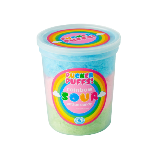 Colorful tub of rainbow sour cotton candy with blue, pink, and green layers in candy and food & beverage collections under $50