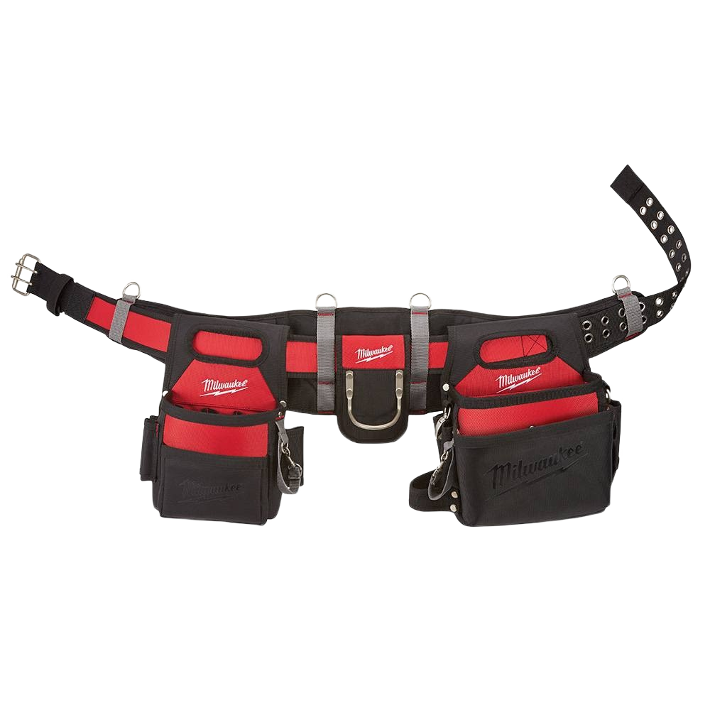 Black and red electrician’s tool belt with multiple pouches and metal hooks for tools and home improvement tasks