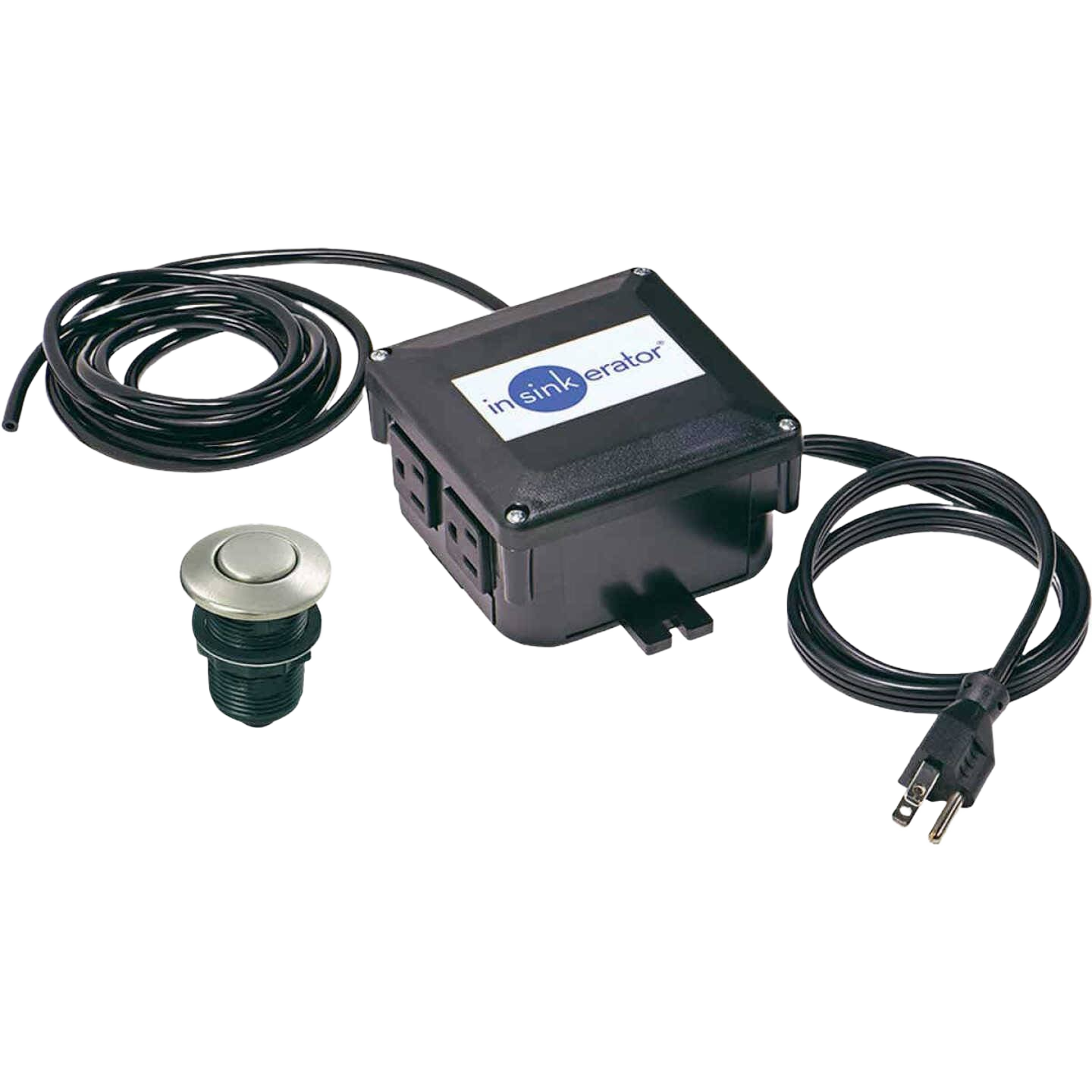 Air-activated dual outlet sink switch kit with black control box and silver push button for plumbing repair collections