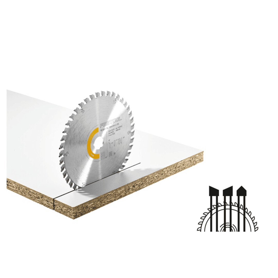 Circular saw blade with 52 fine teeth cutting through laminated wood panel in woodworking tool accessories.