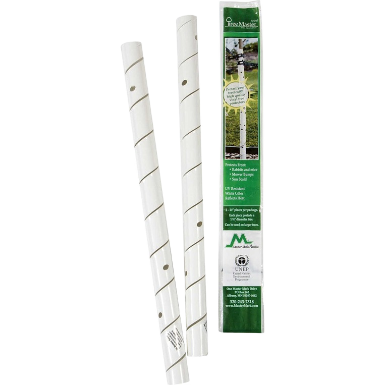 Two white vinyl tree guards with spiral vents displayed next to green packaging for lawn and garden protection under $50 category