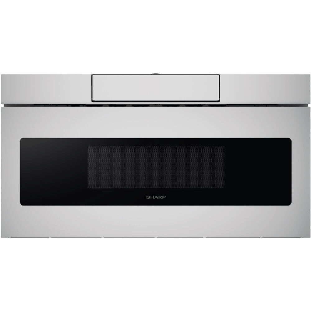 Stainless steel flat panel microwave drawer with black glass window in built-in microwaves and kitchen appliances collection