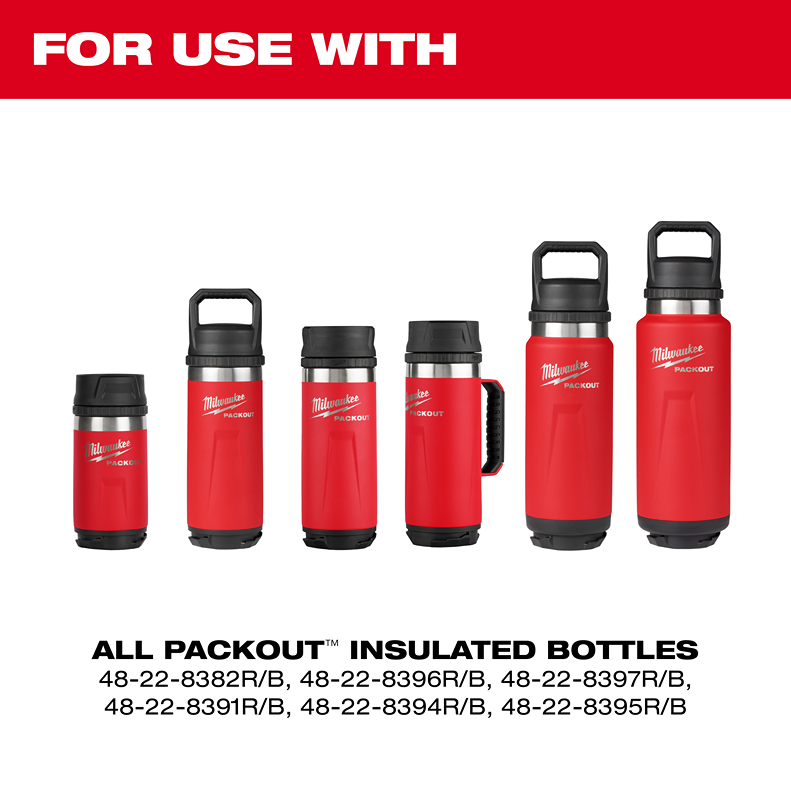Red insulated bottles with black lids from Milwaukee PACKOUT™ collection for tool accessories and home improvement use