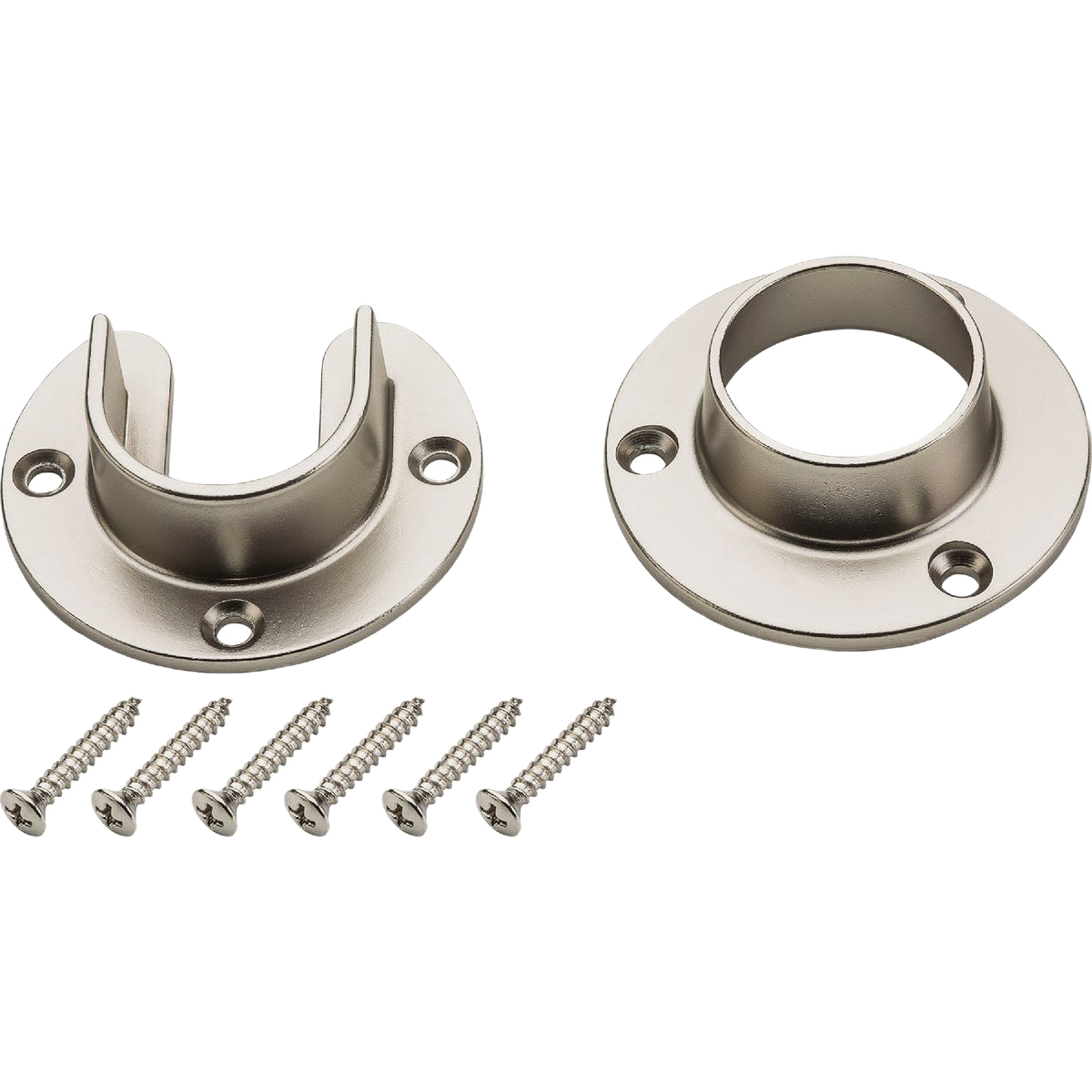 Pair of satin nickel zinc closet rod sockets with mounting screws for closet organization and home improvement projects