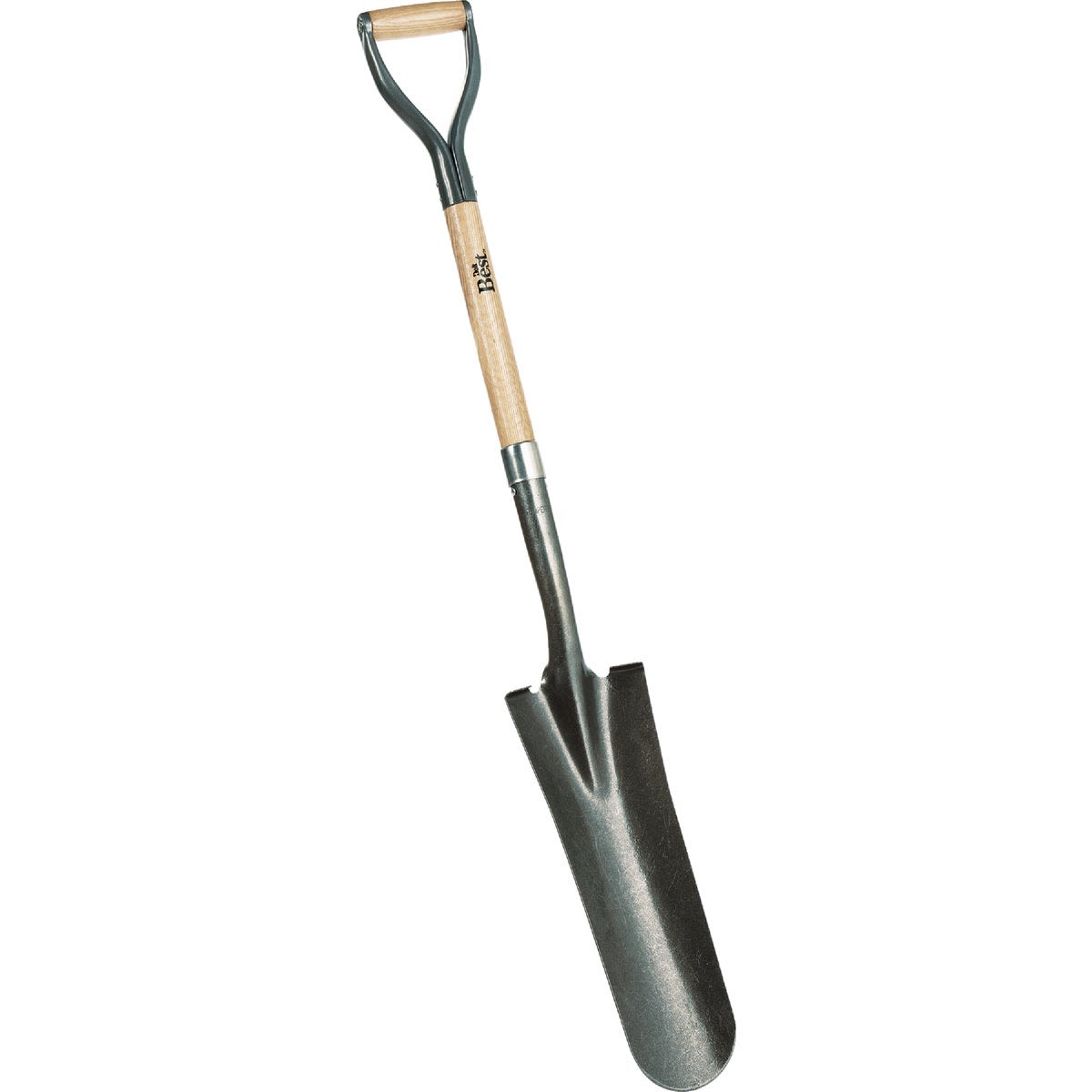 29-inch wooden D-handle drain spade with round point blade for outdoor gardening and lawn maintenance tasks
