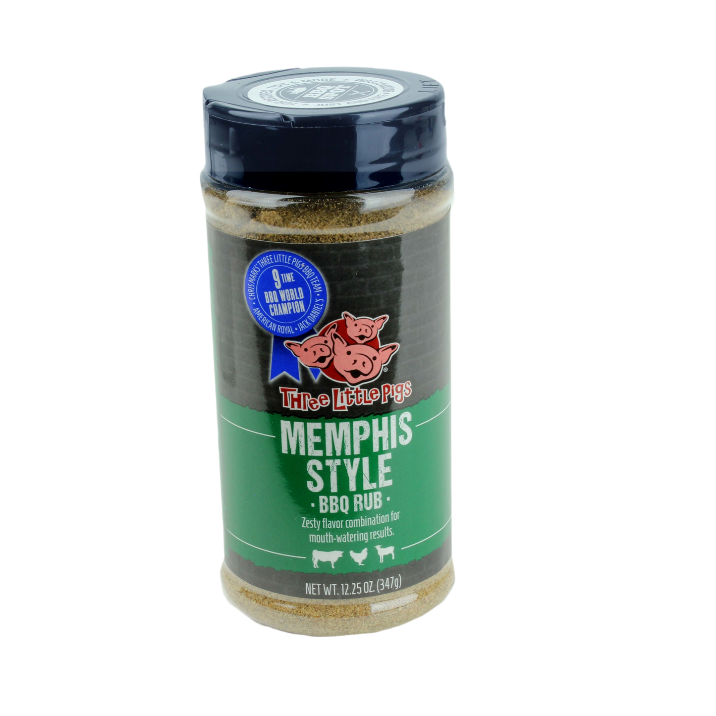 Plastic jar of Memphis style BBQ rub with green label and red pig logo for grilling sauces and spices collection