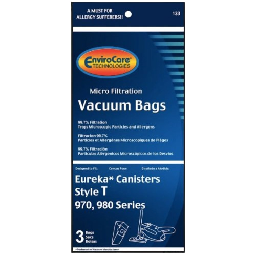 Blue packaging of EnviroCare vacuum bags compatible with Eureka Style T canisters, offering 99.7% micro filtration for allergens