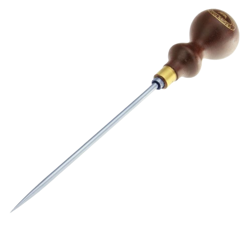 Woodworking hand tool with rounded wooden handle and slender sharp metal blade for precise marking and scribing tasks