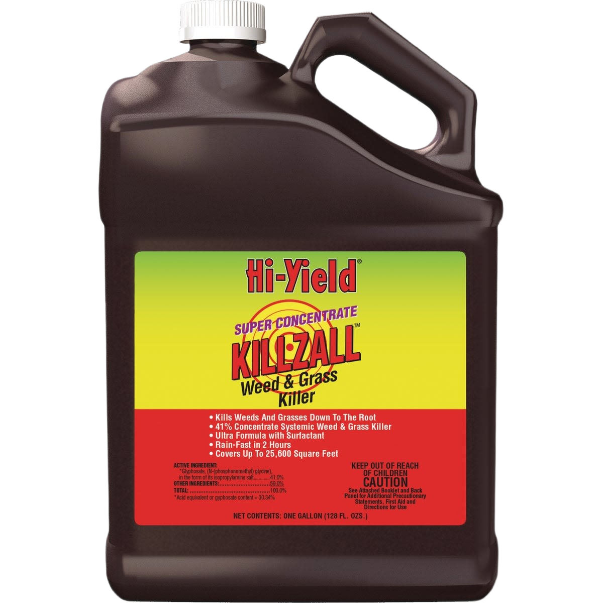 Brown plastic gallon jug with handle containing lawn care weed and grass killer for outdoor garden use collections