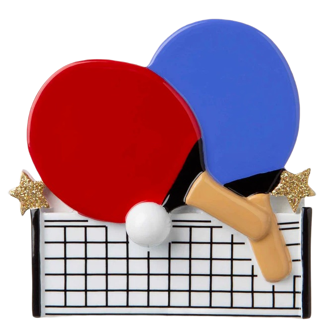 Ornament with red and blue ping pong paddles and white ball over net in Christmas Ornaments & Tree Decorations collection