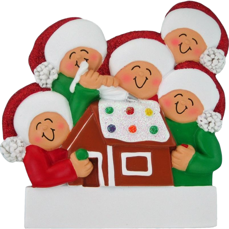 Personalized ornament with five figures in festive hats decorating a gingerbread house for Christmas decor under $50