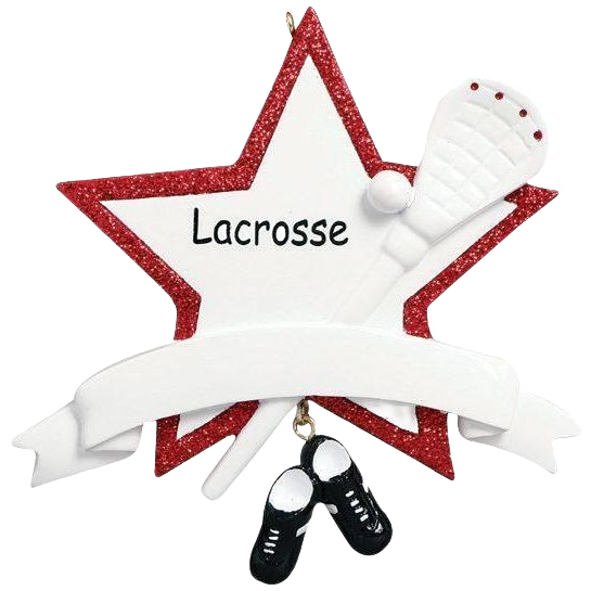 Star-shaped Christmas ornament with red glitter border, lacrosse stick, shoes, and customizable banner for holiday decor under $50 collection