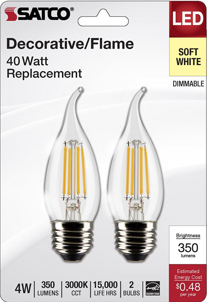 Pair of LED decorative flame tip light bulbs with medium bases, soft white dimmable lighting under 50 in electrical collection