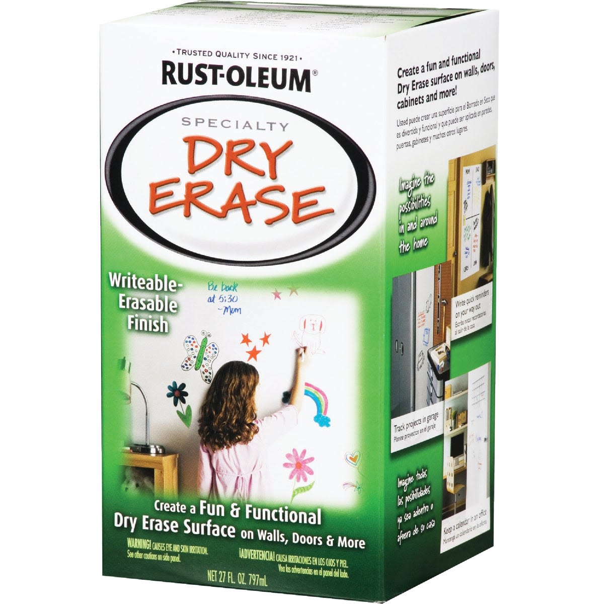 Rust-Oleum dry erase paint kit box for creating writable, erasable surfaces in Specialty Paint and Home Improvement collections