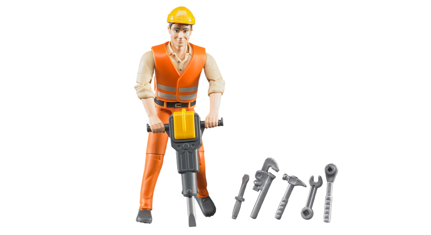 Construction worker toy figurine in orange gear operating jackhammer with five detachable tool accessories for play