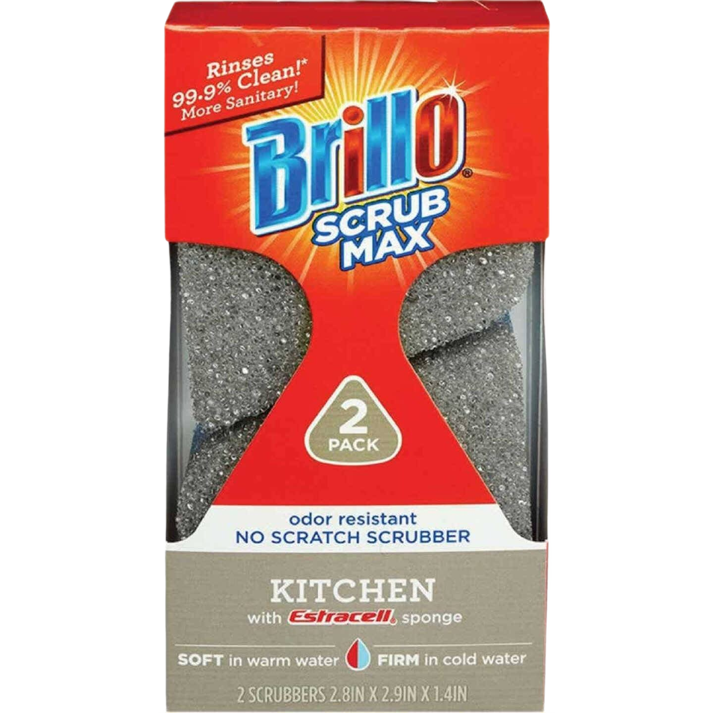 Two-pack of gray Brillo scrub sponges designed for kitchen cleaning with odor resistant, no-scratch scrubber surface