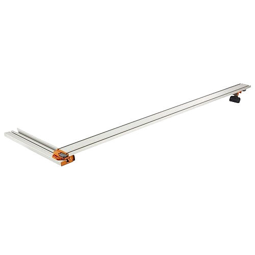Aluminum T-square attachment with orange accents designed for precise woodworking and circular saw guide use