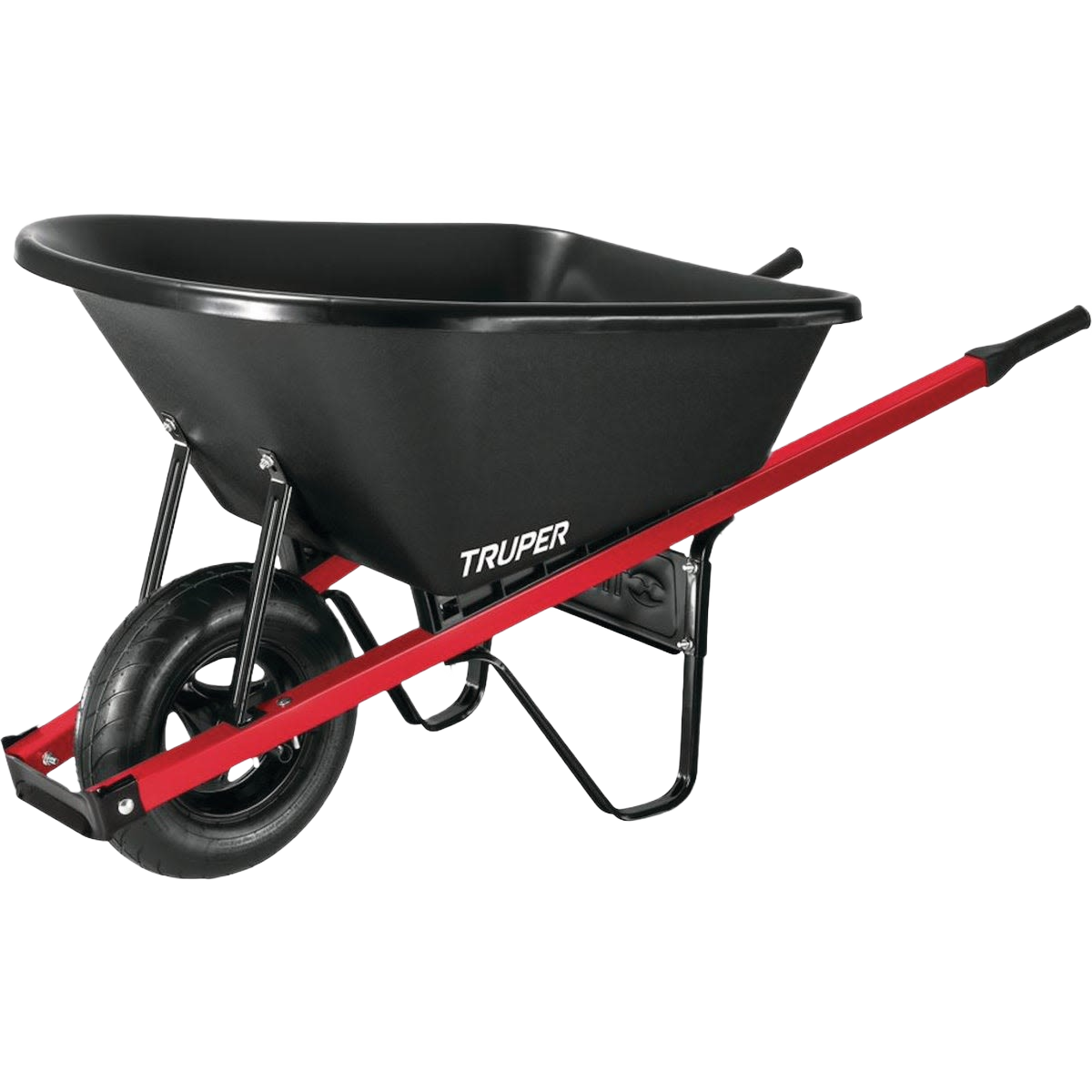 Black poly landscaper wheelbarrow with red handles and a 16-inch pneumatic tire for gardening and outdoor tools under $100
