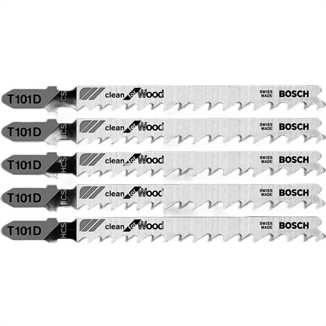 Set of five Bosch clean wood T-shank jigsaw blades with 6 TPI, designed for woodworking tool accessories and home improvement.