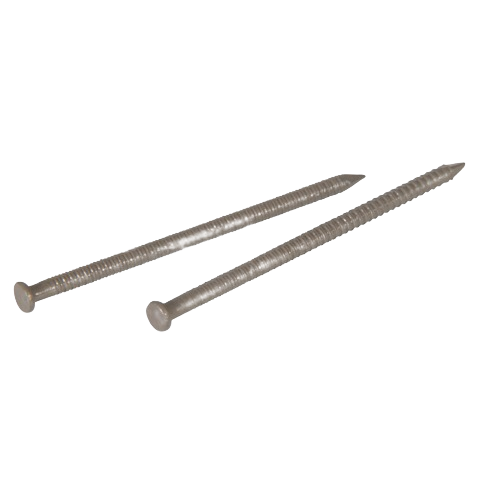 Two ash-colored panel nails with smooth flat heads for home improvement and woodworking projects