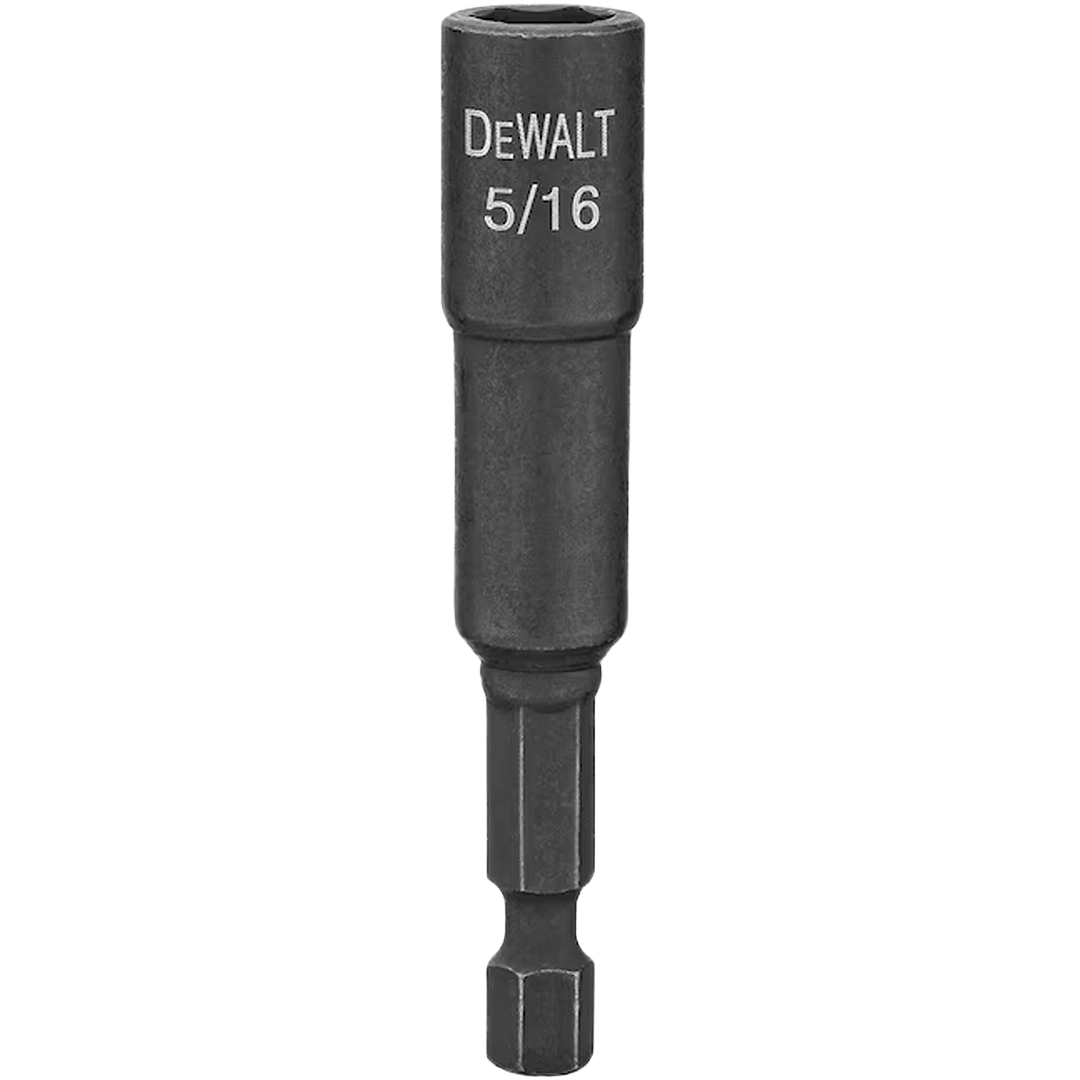 Black magnetic nut driver with hex shank, labeled 5/16, designed for impact tools and home improvement tasks