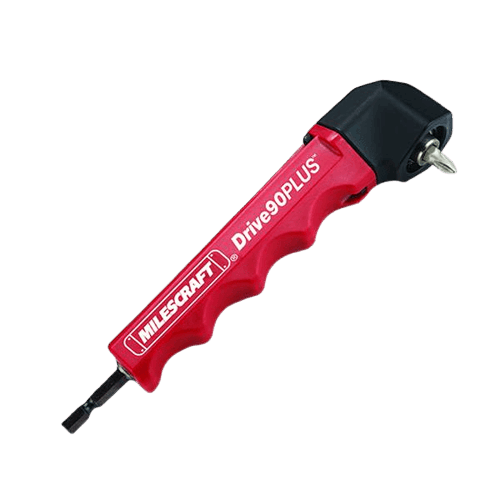 Red and black right-angle drill attachment for easy access in tight spaces in power tool accessories and drill attachments collections