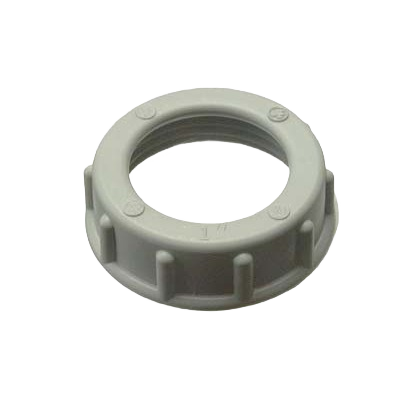Gray plastic conduit bushing designed for insulating rigid and IMC conduit connections in electrical applications