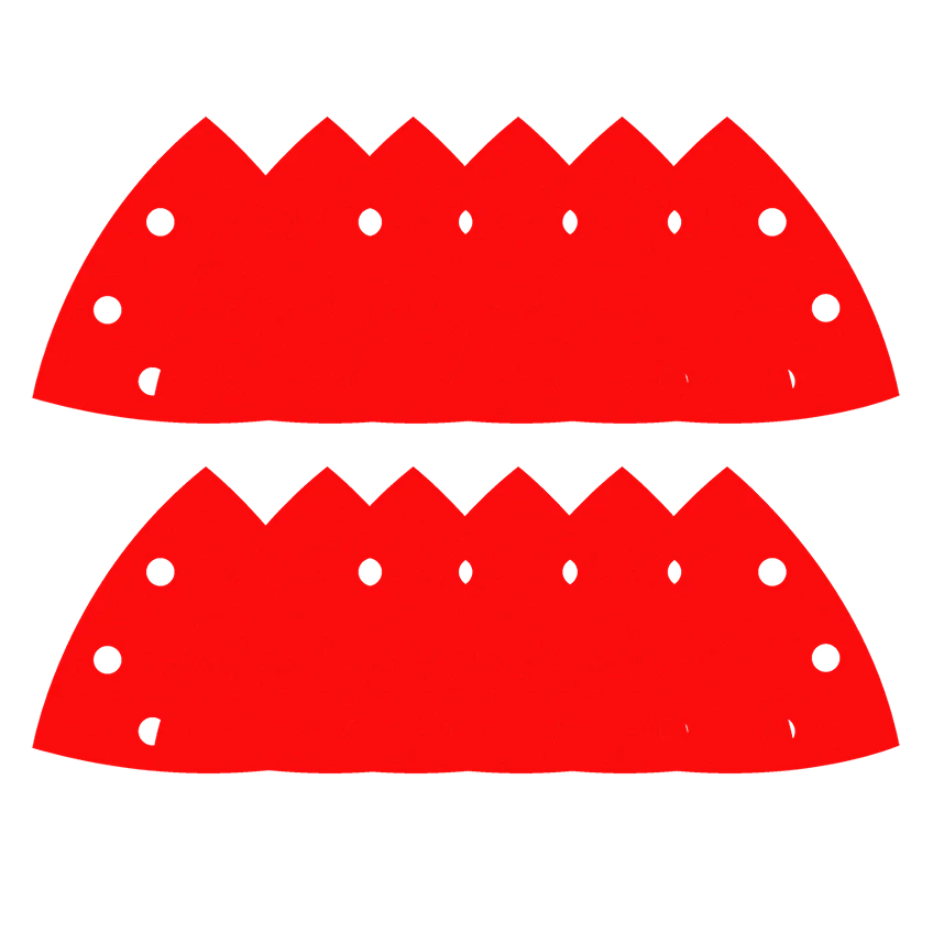 Two red ceramic-grit sanding sheets with multiple holes, designed for oscillating tool accessories in home improvement.