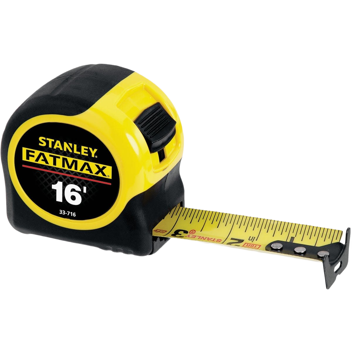 Yellow and black Stanley FatMax 16-foot tape measure with durable metal tip for woodworking and home improvement tools collections