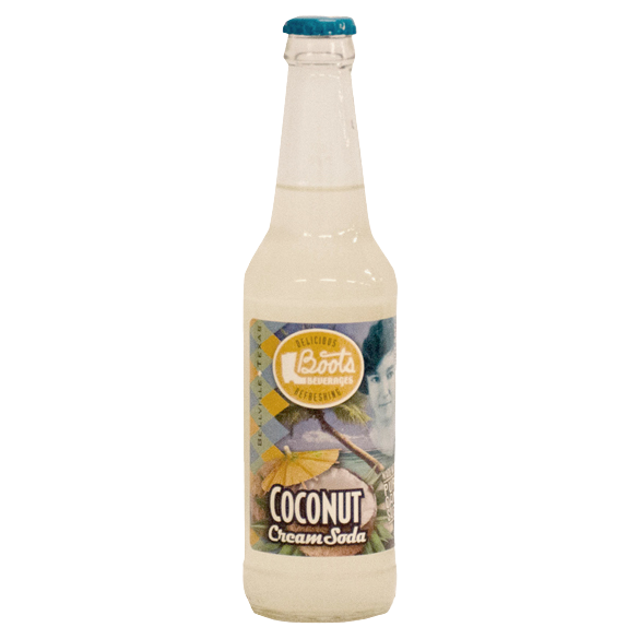 Clear glass bottle of Boots Coconut Cream Soda featuring tropical-themed label and blue bottle cap