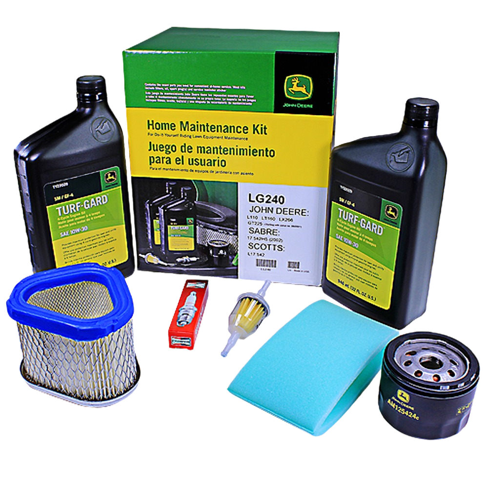 John Deere home maintenance kit with engine oil, air filter, fuel filter, spark plug, foam filter, and oil filter for tools and home use