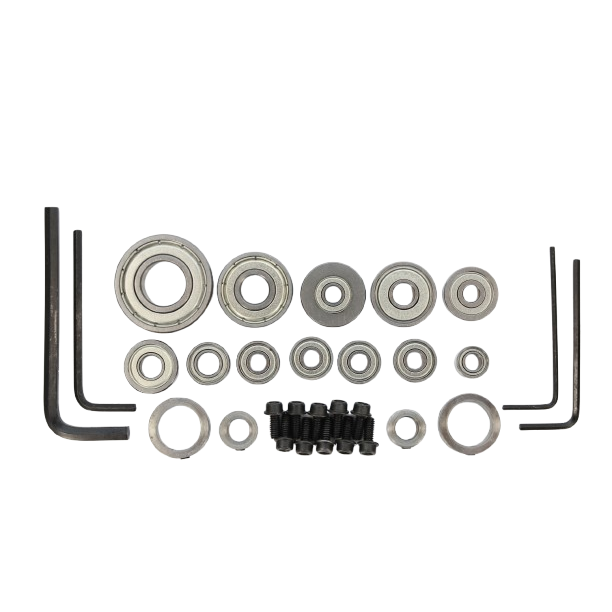 Set of steel bearings, washers, screws, and hex keys for precision woodworking tool accessories and power tool collections