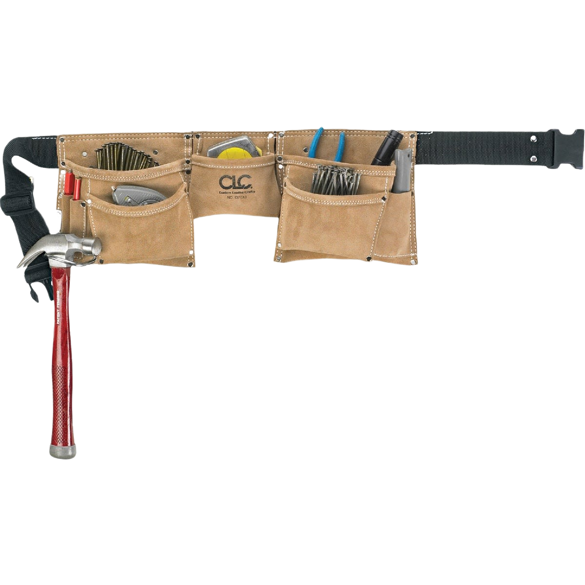 Heavy-duty suede leather carpenter apron with multiple pockets for tools, hammer holder, and adjustable waist strap for workshop use.