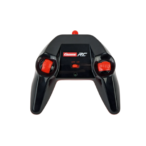 Black remote control with red joysticks and on/off switch for racing toy vehicles and RC gadgets